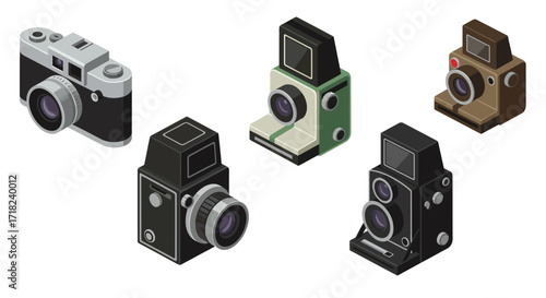 Retro cameras collection in isometric style featuring classic and vintage des…