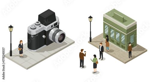 Isometric street scene with oversized camera and people interacting in urban…