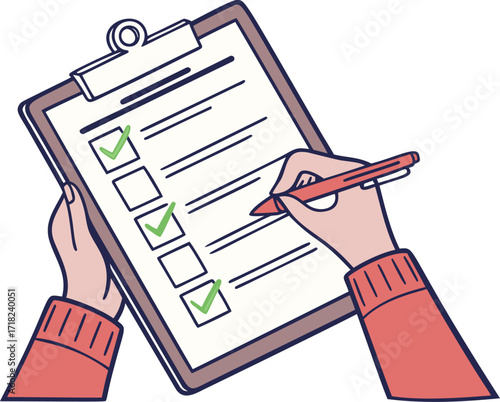 Hand drawn checklist, vector illustration of clipboard with checkmarks, perfect for task management designs. Person holding red board with pen, ideal for productivity or organization graphics.