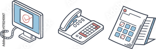 Office isometric set, computer with check mark, phone and calendar sketch. Modern workspace tools, desk equipment drawing, organized work art.