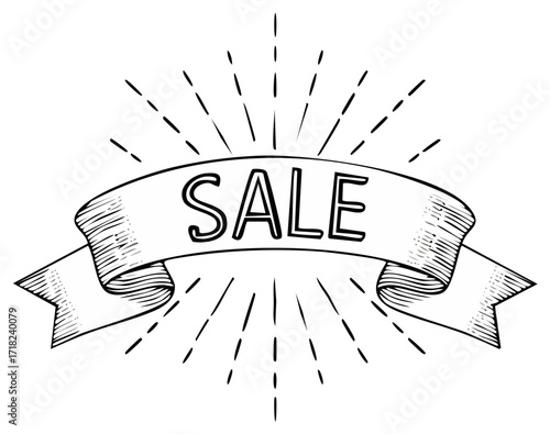 Hand drawn ribbon banner with the word sale radiating outward in a burst pattern