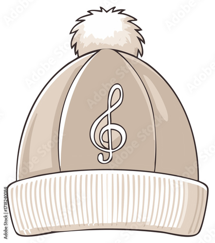 Cartoon illustration of a winter hat with a treble clef symbol for music lovers or winter fashion enthusiasts.