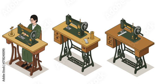 Vintage sewing setup with classic machine and seamstress in flat isometric de…