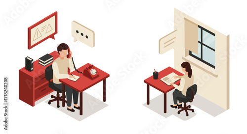 Isometric office scenes depicting remote work and communication