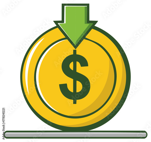 Golden dollar coin and down arrow indicating money decrease deposit cost or financial transaction
