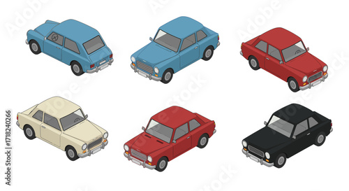 Vintage sedans in isometric view featuring classic retro cars in various colors