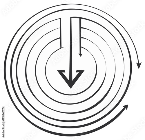 Circular maze with descending and swirling arrows symbolizing direction and progress