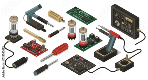 Isometric soldering tools and circuit boards collection for diy electronics p…