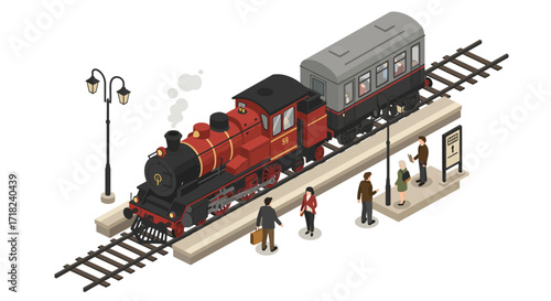 Vintage steam train at station with passengers in isometric design