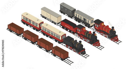 Isometric vintage trains and cargo cars set with classic steam engines