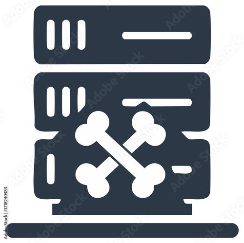 Server infrastructure with crossed bones warning of system failure or data security breach