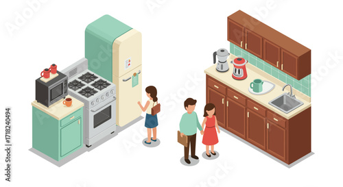 Isometric kitchen interior scene with retro appliances and family interaction