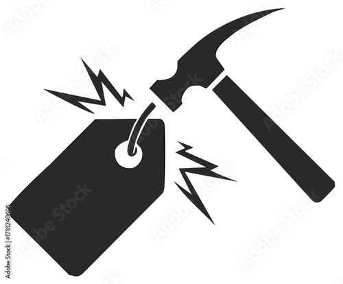 Hammer striking a price tag symbol of discount breaking limits or cost reduction