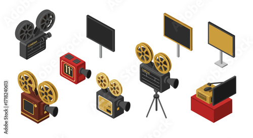 Retro movie projectors and monitors in isometric design