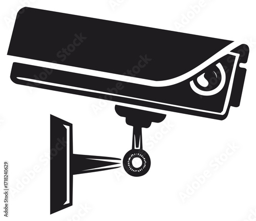 Black security surveillance camera icon mounted on a wall watching discreetly