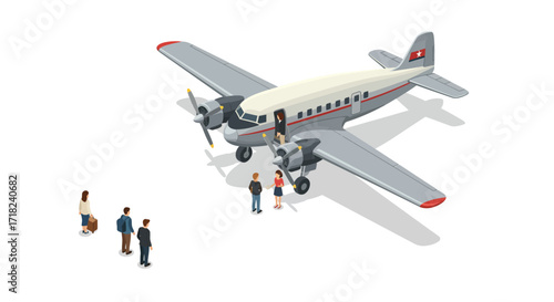 Vintage airplane with passengers preparing to board in isometric style