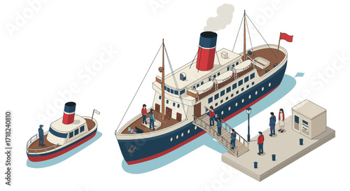 Isometric cruise ship and dock scene with passengers in classic style