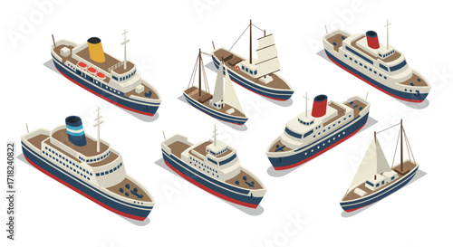 Isometric ship collection: vintage, modern, and sailboat designs for nautical…