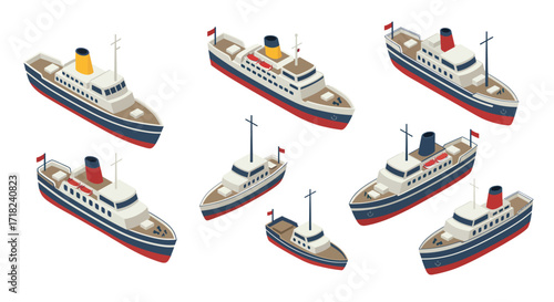 Isometric cruise ships collection with various angles and designs