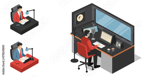 Isometric podcast studio with broadcaster at desk, microphone, and computer s…