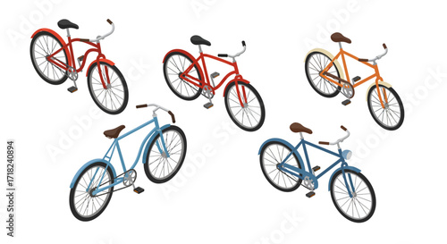 Colorful set of isometric bicycles on white background