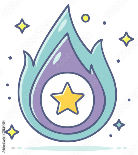 Sparkling magical fire with a star. Cute cartoon vector icon for game achievement, power-up, or reward.