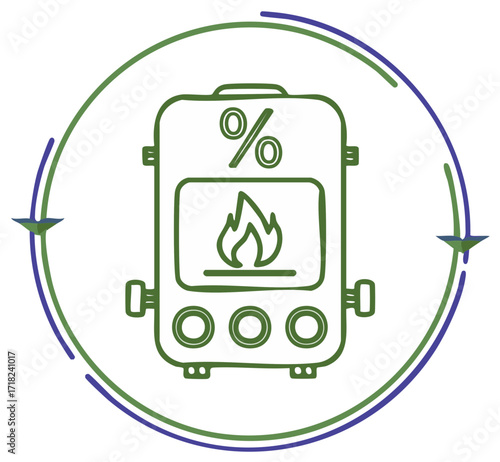 Green Outline Hot Water Tank Heating Appliance with Flame and Temperature Control within Circle Diagram
