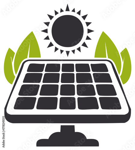 Solar Panel with Sun and Green Leaves Renewable Energy Concept Icon
