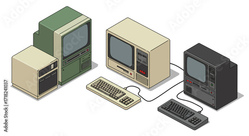 Retro computers isometric design featuring vintage technology and classic pcs
