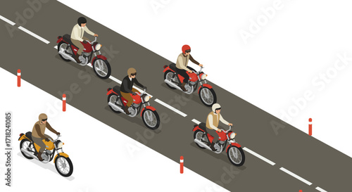 Isometric motorcycles on highway with riders in motion