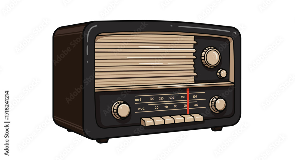 Fototapeta premium Retro radio with vintage design featuring knobs and buttons in cartoon style