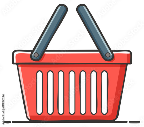 A bright red plastic shopping basket with two gray handles stands ready for groceries