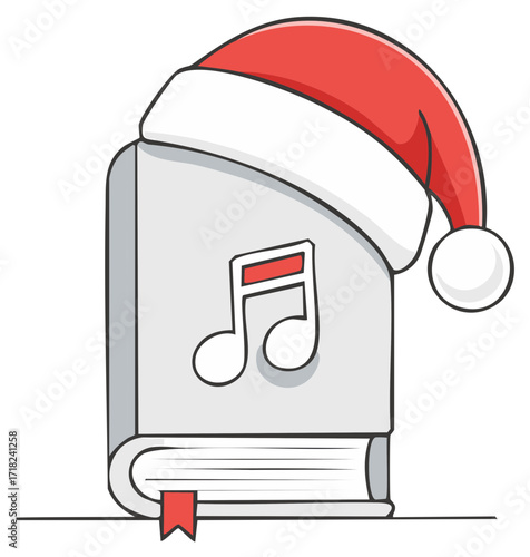 Festive cartoon book wearing a cheerful Santa hat featuring a musical note on its cover symbolizing Christmas songs and holiday learning