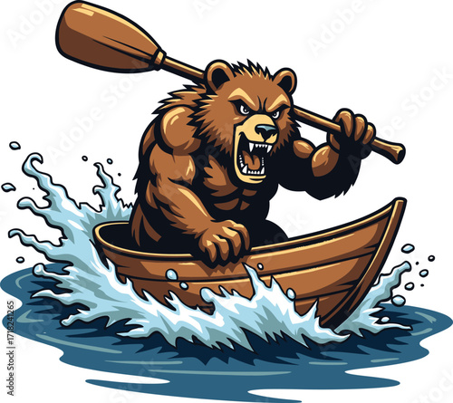 Strong bear paddling canoe in river, funny wildlife adventure illustration

