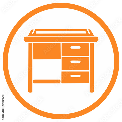 Orange office desk with drawers vector icon simple flat design for business and education concepts