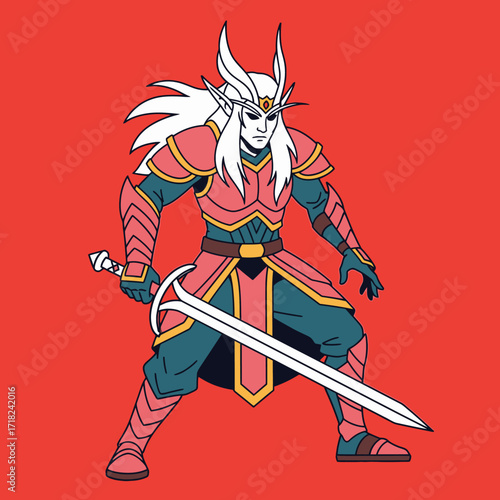 A stylized illustration of a warrior elf, with long white hair, wearing pink and teal armor, wielding a sword.