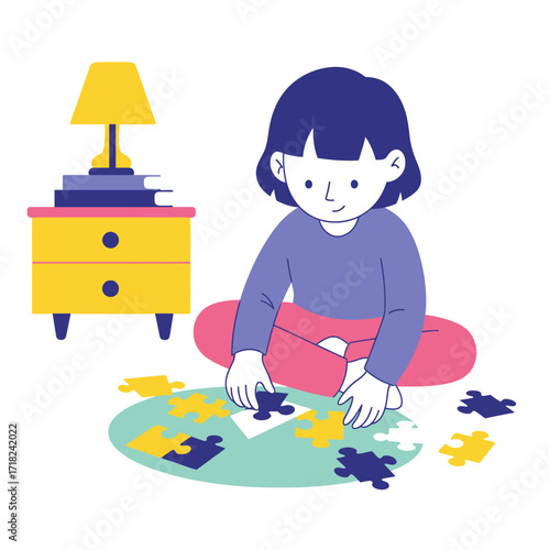 An illustrated young girl sits cross-legged on a green rug, focused on solving a jigsaw puzzle indoors.