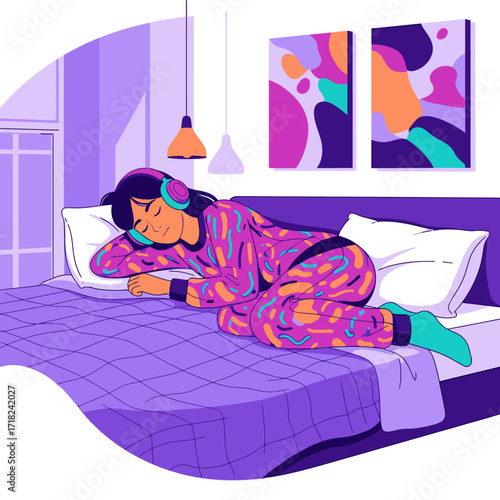 A young woman wearing headphones sleeps peacefully on a bed in a brightly colored room.