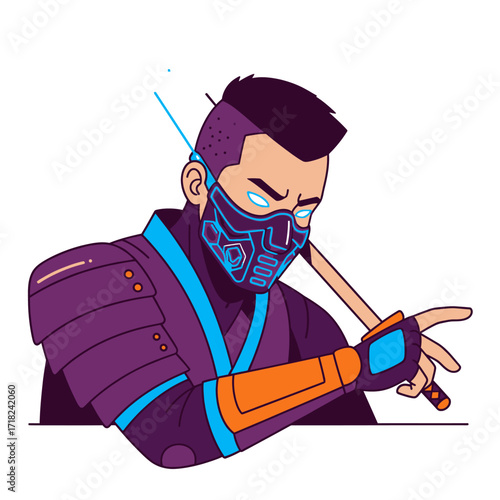 A stylized illustration of a futuristic ninja, wearing a purple and neon blue kimono, a black mask with glowing details, and cybernetic arm armor.