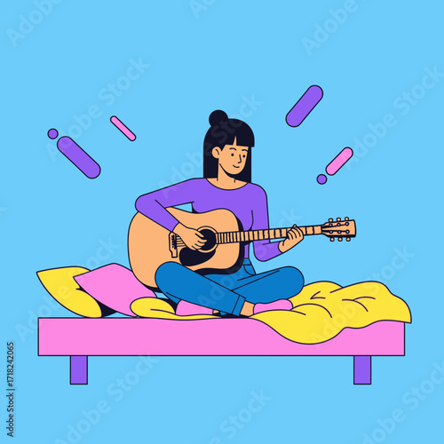 A young woman sits cross-legged on her bed playing an acoustic guitar, in a colorful modern flat illustration style.