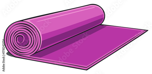 Illustration of pink yoga mat partially rolled up for exercise and fitness, studio shot