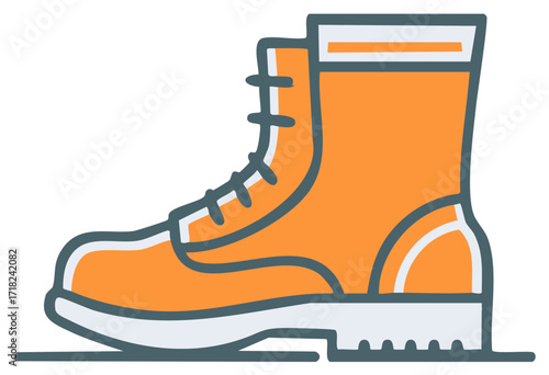 Bright orange work boot with white sole and laces against a white background