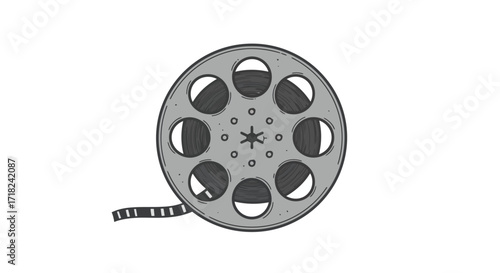 Vintage film reel with tape in hand-drawn style isolated on white background