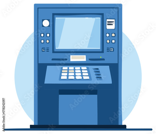 Illustration of blue Automated Teller Machine (ATM) with a keypad.