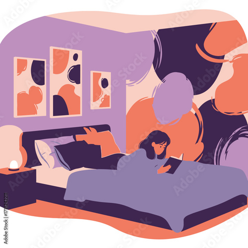 Woman relaxing in bed, reading a book at night.