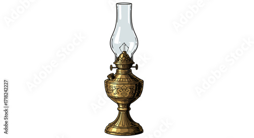 Vintage oil lamp with decorative brass base and glass chimney