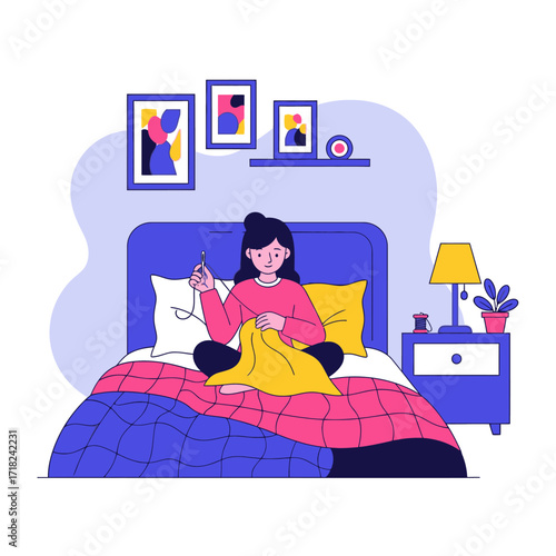 A woman sitting cross-legged on her bed, enjoying her hobby of sewing in a cozy, modern bedroom illustration.