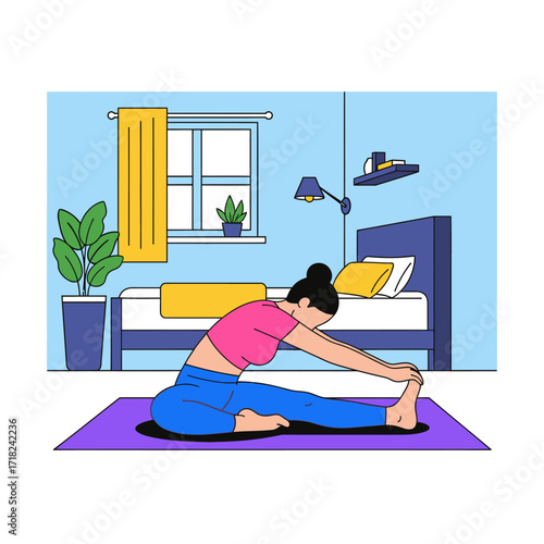 A woman in athletic wear performs a seated forward bend stretch on a yoga mat in a cozy bedroom setting.