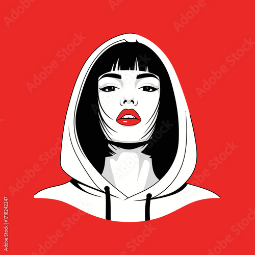 Illustration of a woman with a hoodie on a red background.