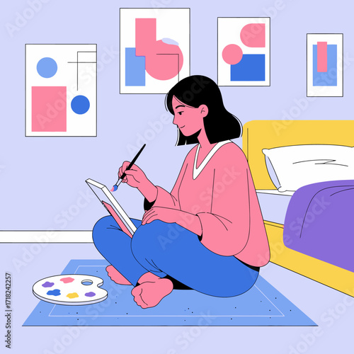Illustration of a young woman sitting cross-legged on a rug, painting on a canvas in her modern bedroom with abstract art on the wall.